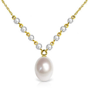 14K. SOLID GOLD NECKLACE WITH DIAMONDS & PEARL (Yellow Gold)